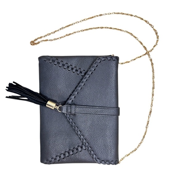 Nwot Moda Luxe Black Crossbody envelop bag clutch removable gold chain tassel - Picture 3 of 7